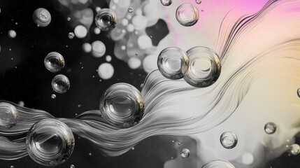 Clear spheres floating freely against an abstract backdrop, merging dark and bright areas with flowing waves and subtle gradient color transitions, creating a sense of movement and depth
