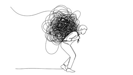 A man carries a huge, dense, chaotic ball of tangled lines strapped to his back, depicted in a continuous line style, symbolizing a heavy emotional or responsibility burden.