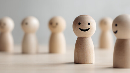 Wooden figures with drawn faces arranged in a line peg dolls smiling