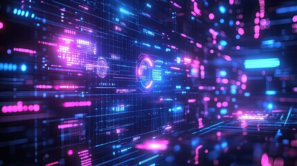 Glowing blue and pink light lines creating an abstract technological background, illustrating information flowing across global communication networks, data processing, and digital innovation