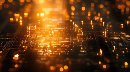 Abstract microchip circuit board with glowing lines and points symbolizing data processing, network communication, artificial intelligence, and advancing digital technology
