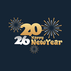 Happy New Year 2026 greeting card, fireworks font and dark background isolated.