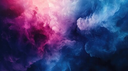 Obraz premium Nebula like colorful gas and dust clouds creating an abstract background with scattered stars, depicting the vastness of space and cosmic beauty through vibrant pink, purple, and blue hues
