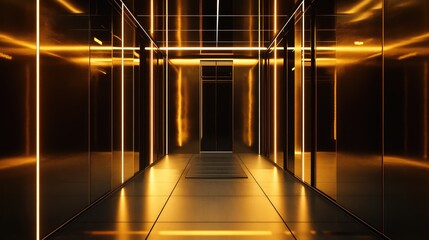 Modern architectural design featuring a reflective corridor with linear golden lights, creating a sophisticated and futuristic atmosphere leading towards an elevator entrance