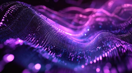 Digital wave surface visualizes abstract data flow or information processing, creating a modern technological background with glowing purple and blue particles