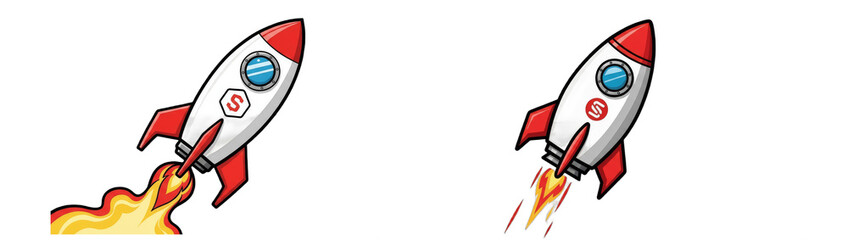 Sets of Two cartoon rocket icons isolated on a white background