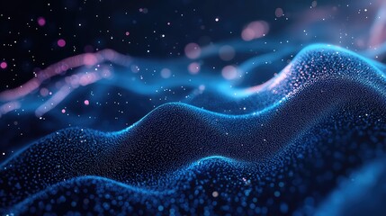 Fluid blue particle wave visualizing big data flow and technological connection, featuring glowing dots and bokeh lights against a dark abstract background