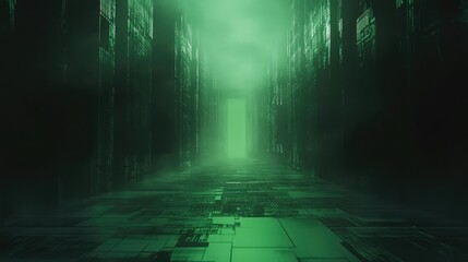 Mysterious digital street extending into an ethereal green glow, with towering data structures forming claustrophobic walls, symbolizing technological advancement and the unknown future