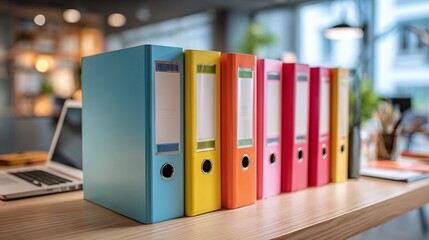 A neat row of vibrant file binders sit on a wooden desk, showcasing office organization. With a laptop nearby, they suggest productivity and a well-managed workspace setup.