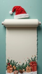 Fototapeta premium Scroll or parchment poster hung on a blue wall with a Santa hat and small gifts at bottom.