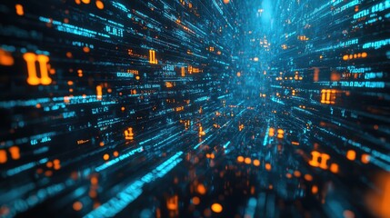 Abstract visualizing big data stream and global network connectivity transferring digital information at high speed in a futuristic blue and orange technological environment