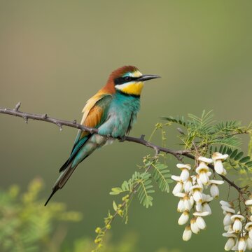 A beautiful lilac breasted roller and colorful European bee-eater bird with vibrant feathers are perched on a branch in nature, showcasing the wild life of a Merops apiaster