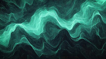 Abstract background showing undulating waves of luminous green particles creating a dynamic, ethereal stream across a dark, textured field, conceptualizing energy, sound, or data visualization