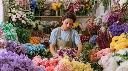 Young female florist arranging fresh flowers in colorful flower shop surrounded by blooming floral bouquets