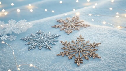 Delicate Glittering Snowflake Decorations on Soft Blue Background
