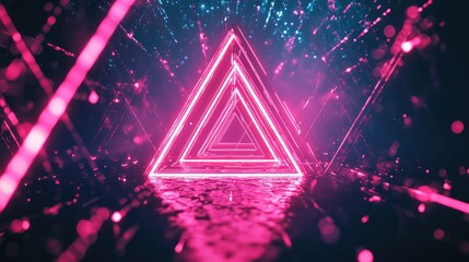 Abstract neon light tunnel created by glowing pink triangles reflecting on a wet surface, emphasizing concepts of technology, connectivity, future, and data stream with vibrant digital particles