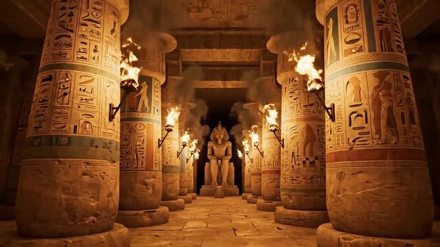 Ancient Egyptian temple hallway illuminated by flickering torches leading toward a massive seated pharaoh statue in shadow