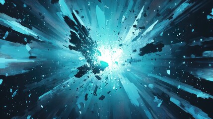 Abstract digital rendering showing a dynamic blue light burst radiating particles and fragments outwards, symbolizing energy, innovation, and technological processes