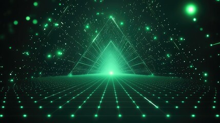 Digital data flowing through a glowing triangular tunnel, creating a futuristic network pathway representing technology, artificial intelligence, and virtual reality concepts