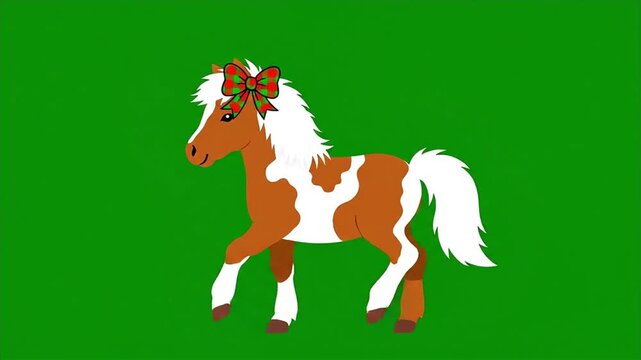 Cute animated cartoon pinto horse with a festive red and green plaid bow on its head, walking or prancing against a vibrant green screen, ideal for holiday children's videos, educational content video