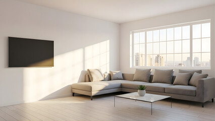 Fototapeta premium Bright modern living room interior, 3D render, white walls, modern sofa, large windows, realistic lighting, professional interior stock photography
