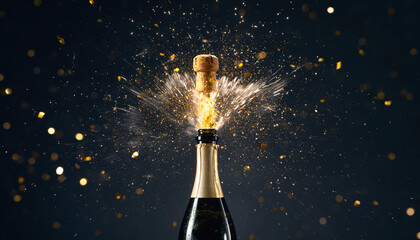 Explosion of a sparkling wine bottle with the cork popping out. Golden glitter, confetti, and fizzy bubbles splash against a dark background. Concept of celebration, New Year's Eve, and party.