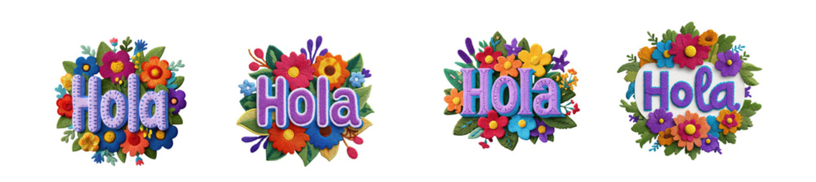 Colorful floral hola greeting badges with vibrant flowers and leaves isolated on transparent background