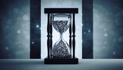 A modern black hourglass with colorful glitter particles instead of sand, symbolizing the passage of time, deadlines, and the digital age on a magical bokeh background with sparkling lights.