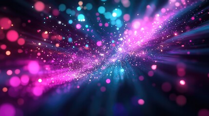 Glowing magenta and cyan particles creating a vibrant, energetic light stream and swirling bokeh effects against a dark background, representing digital data, celebration, or energy flow