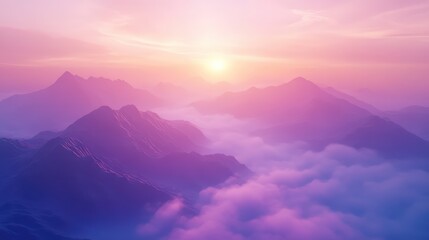 Mountain peaks and ridgelines emerging from a sea of soft pink and purple clouds, illuminated by the warm glow of the setting sun creating a serene and ethereal landscape