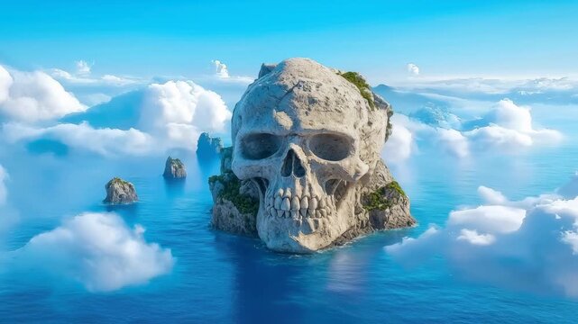 Skull island rock formation ocean blue sky clouds surreal fantasy seascape cliff nature rising from calm water sea stack tropical drift mysterious