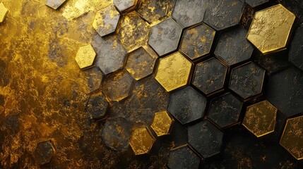 Hexagonal tessellated panels with distressed gold and dark gray metallic surfaces creating a modern, high contrast geometric backdrop ideal for luxury, tech, and industrial themes