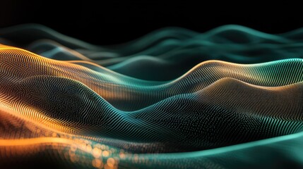 Abstract particle field creating vibrant glowing waves, representing complex data, network connections, or technological flow with dynamic colors and fluid motion
