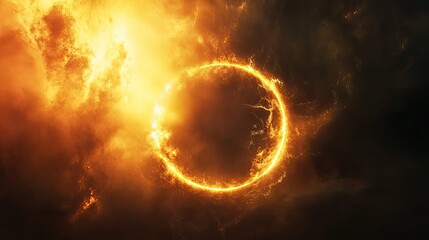 Fiery energy creating a glowing ring of light within swirling dark matter, illustrating concepts of power, cosmology, abstraction, and the dynamic forces of space