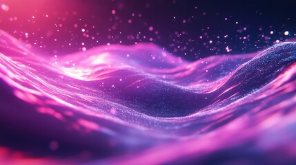 Fototapeta premium Digital particles forming an vibrant energy wave and creating a luminous, dynamic abstract background with glowing bokeh illustrating data flow, network connection, or futuristic technology