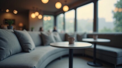 A cozy, modern lounge space: a curved gray sofa (adorned with soft pillows) wraps around small round tables (topped with mugs).