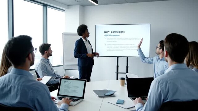 Black Businesswoman Leading Data Privacy Presentation to Diverse Team