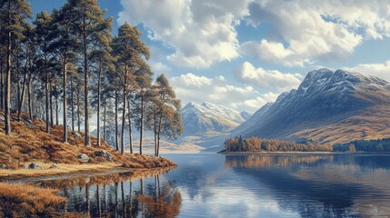 A pine forest at the foot of snow-capped mountains is reflected in a calm lake &mdash; the perfect atmospheric backdrop for meditative practices and creative projects.