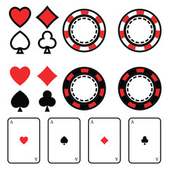 Casino symbols set with playing cards, poker chips, and card suits. Hearts, diamonds, clubs, and spades appear in bold red and black. Perfect for gambling graphics, poker games, and casino design them