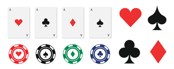 Casino playing cards, poker chips, and card suit icons displayed together. Hearts, spades, clubs, and diamonds combine with colorful chips. Ideal for gambling concepts, poker games, and casino design 