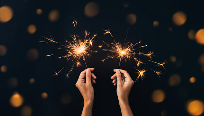 Woman's hands holding two burning sparklers against a dark background with golden bokeh lights. Festive concept for New Year's Eve, Christmas, or holiday celebration with copy space.