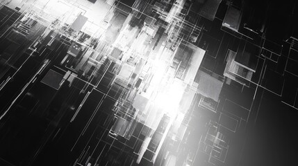 Monochrome technology grid of glowing lines and rectangles forming a dynamic data network and architectural matrix, visualizing information flow, systems, and futuristic infrastructure