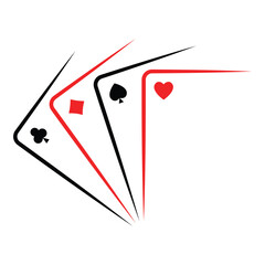 Fanned playing cards showing heart, spade, club, and diamond suits. Minimal red and black card symbols create a dynamic casino composition. Ideal for poker visuals, gambling themes, and card game desi