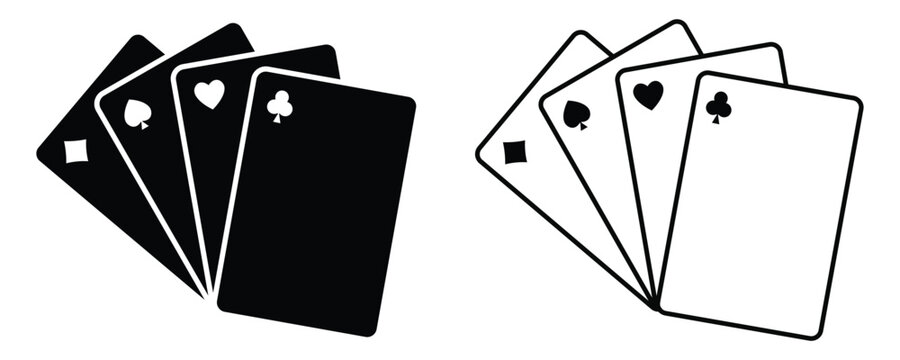 Fanned playing cards shown in black and white styles. Minimal card hands feature classic suits and clean silhouettes. Ideal for poker graphics, casino branding, and card game illustrations.
