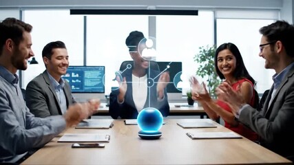 Diverse business team applauds successful holographic presentation of people network and social connections during a meeting. - Powered by Adobe