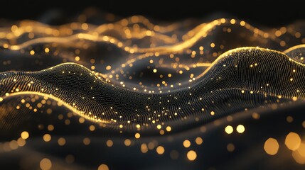 Flowing abstract landscape of glowing golden particles forming a dynamic digital network, evoking quantum computing, data streams, connected nodes and futuristic information flow