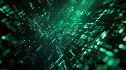 Digital data streams are flowing through a complex abstract neural network, visualizing advanced technology, big data processing, and global communication networks with glowing green elements
