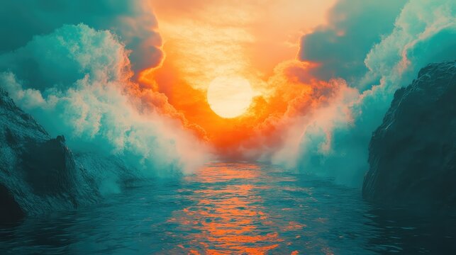 Fototapeta Dramatic fantasy landscape featuring a large, glowing sun casting its warm orange light across calm water, framed by towering teal clouds and dark, rugged cliffs