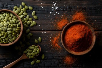 Flat Lay Composition of Green Pumpkin Seeds (Pepitas) with Red Paprika Powder in Small Wooden Bowls on a Dark Rustic Wooden Background, Natural Light for Mexican Cooking, Healthy Snack, and Spice