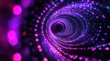 Naklejka na ściany i meble Abstract tunnel of glowing purple and pink dots creating a futuristic wormhole or fiber optic network, representing fast data transmission, technology, and communication concepts